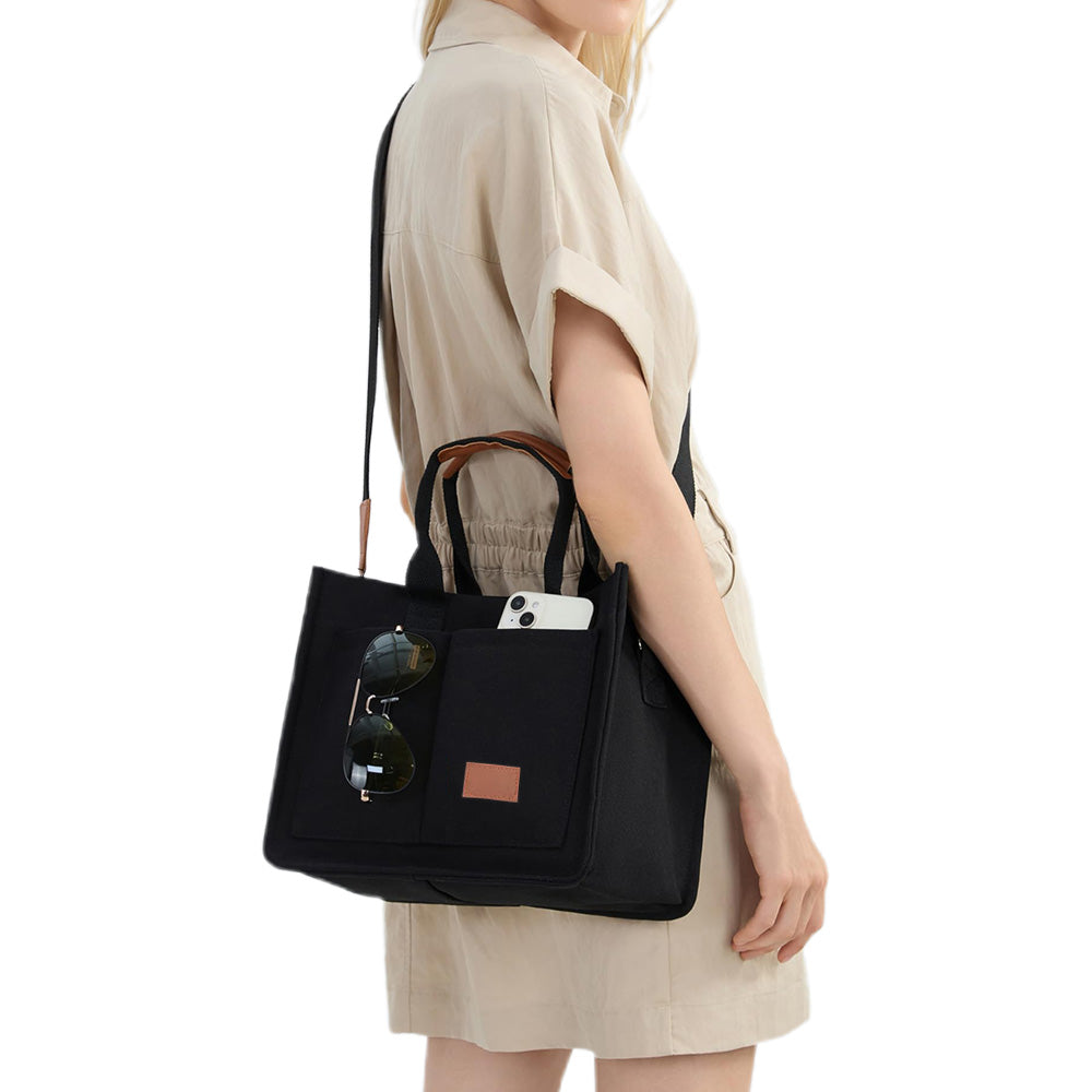 Canvas Tote Bag with Laptop Compartment Multi-Pocket Crossbody for Women Black