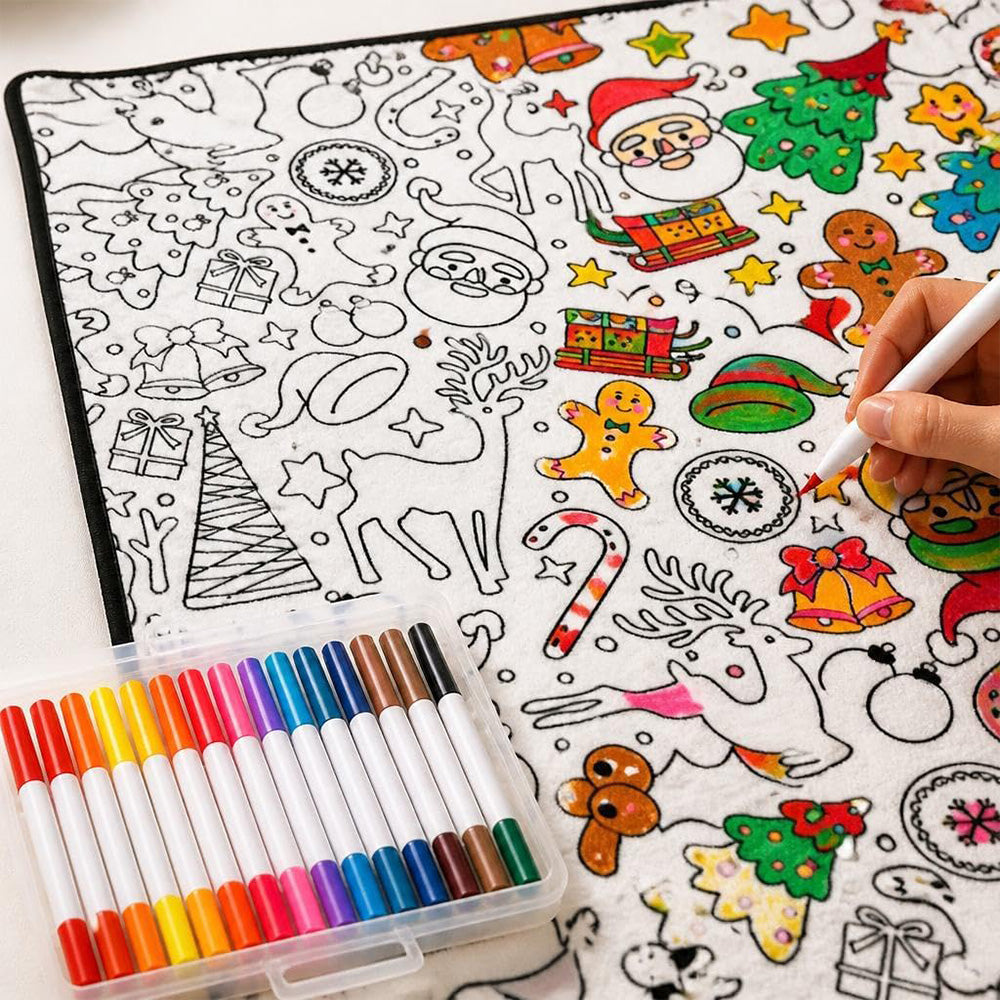 Adult DIY Christmas Coloring Blanket Black and White Line Art - Santa
