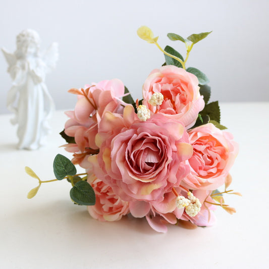 Artificial Peony Flowers Faux Flowers Satin Silk Rose Lilies Bouquet Vintage Home Decor-Pink
