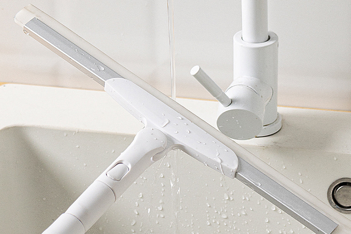 2 Piece Telescopic Long Handle Floor Squeegee Scrubber - White