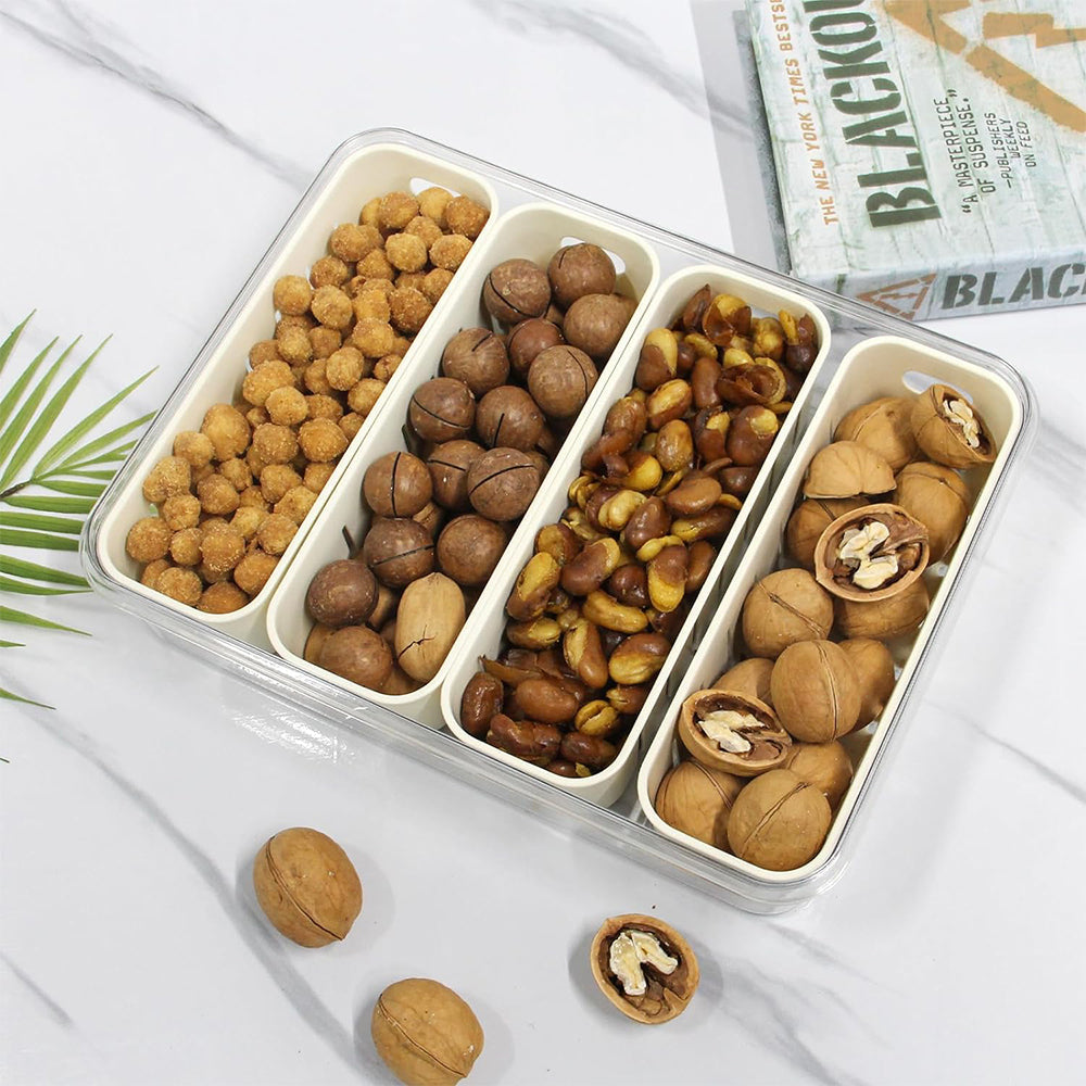 4-Compartment Snack Fruit Tray Divided Serving Tray Fresh-keeping Box with Lid and Handle