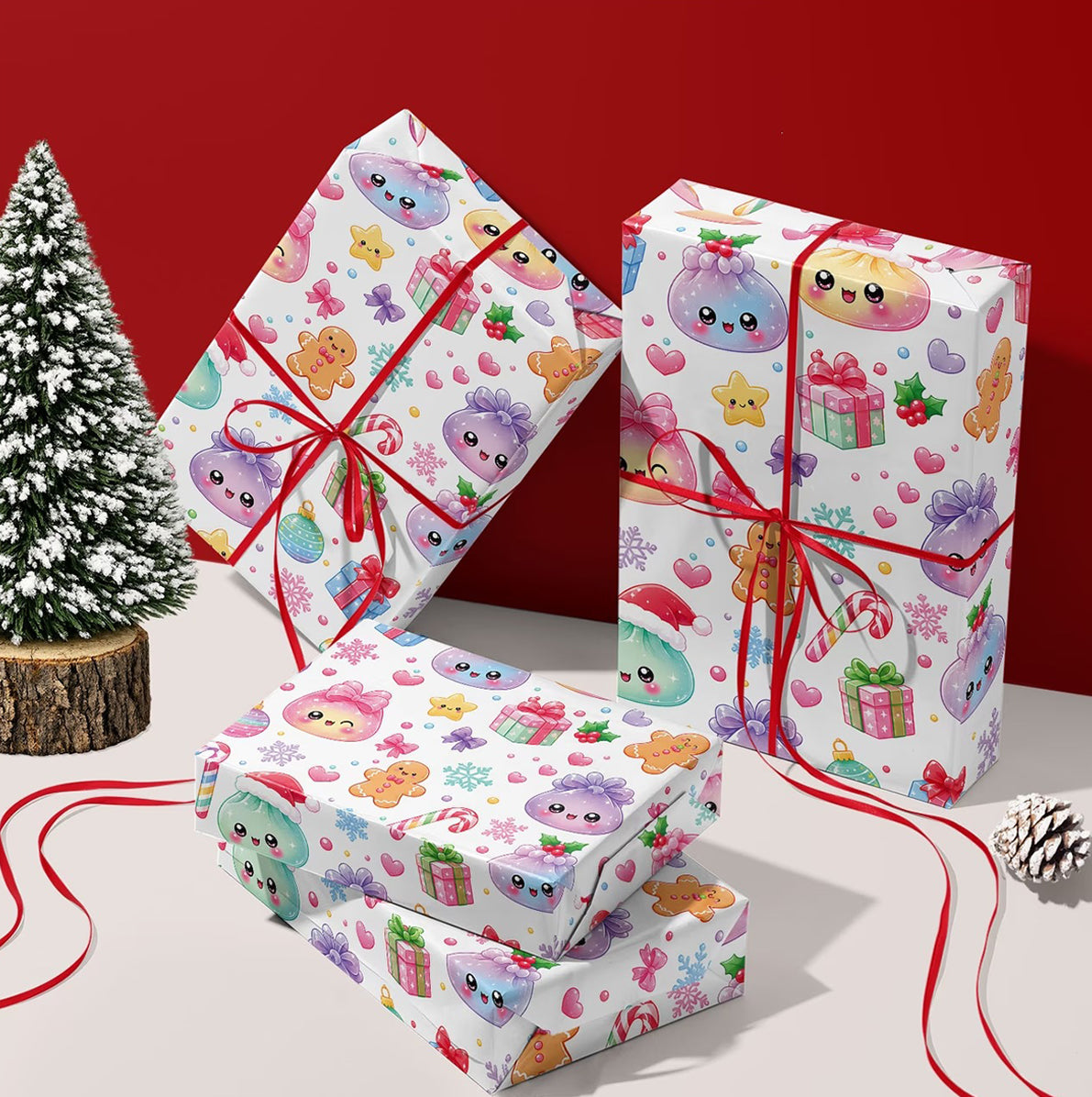 Christmas Cartoon Dumpling Gift Wrapping Paper Roll for Crafts