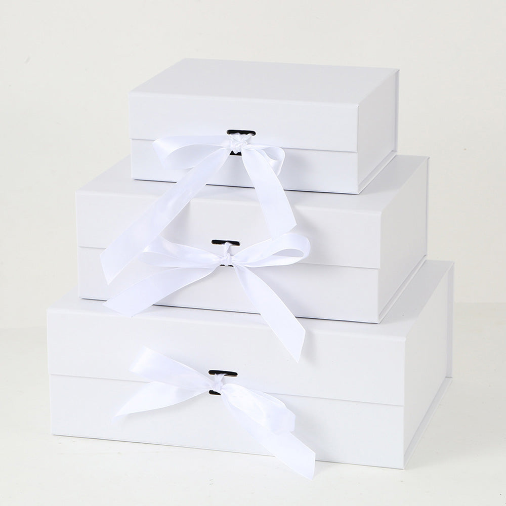 White Easy Attached Gift Boxes Set of 3 Gift Boxes with Satin Ribbon