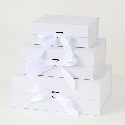 White Easy Attached Gift Boxes Set of 3 Gift Boxes with Satin Ribbon