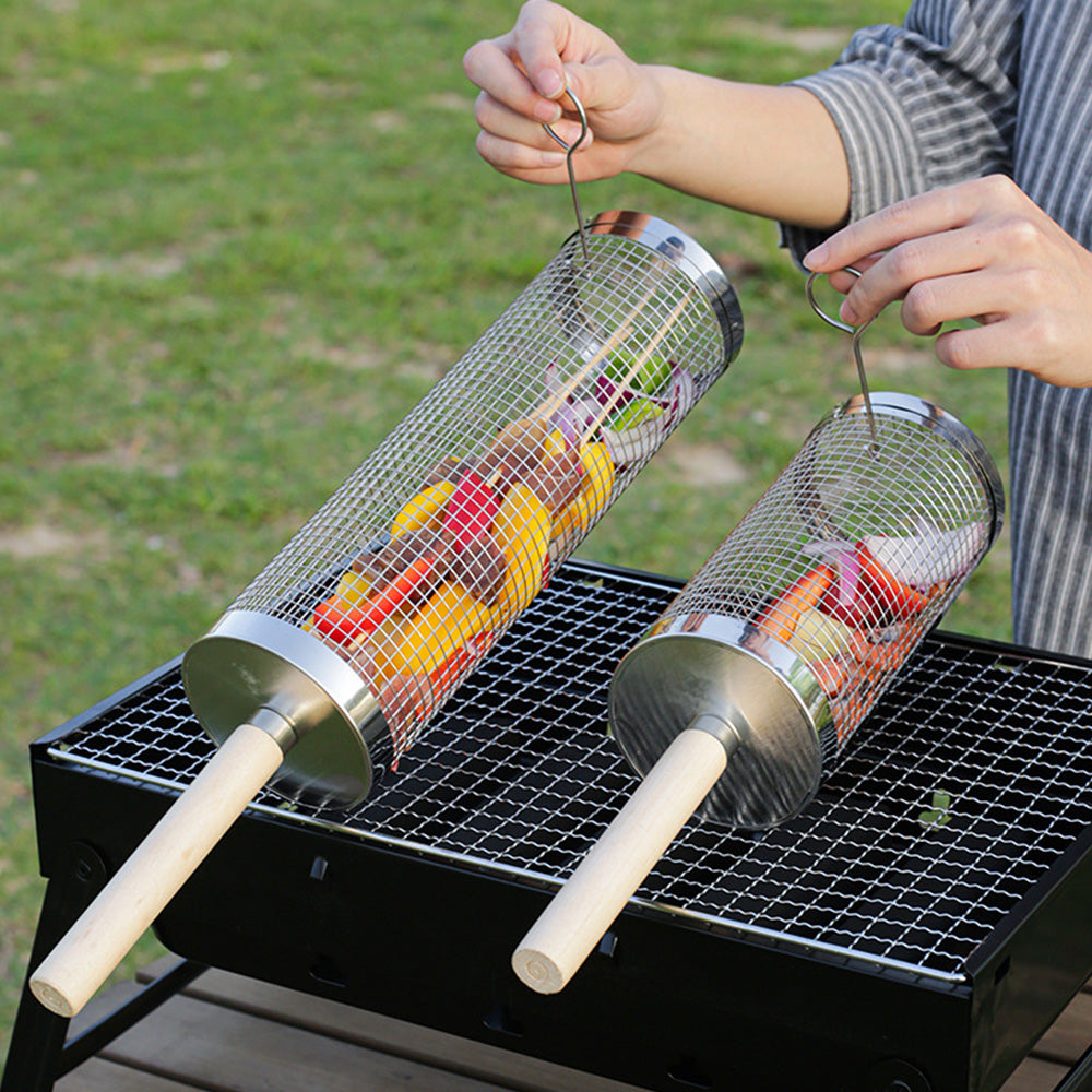 2 Pack Rolling Grill Basket with Wooden Handle