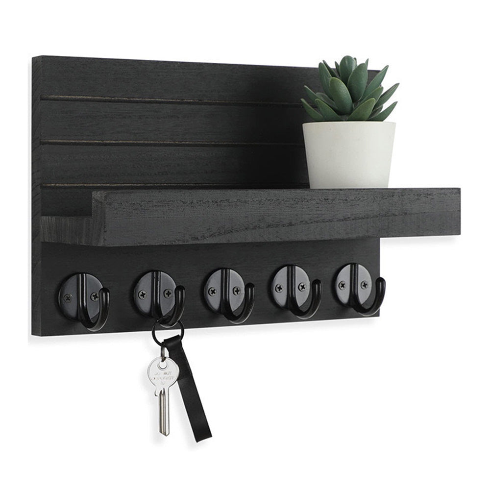Rustic Wall Mounted Mail and Key Holder Organizer with Hooks for Entryway Black