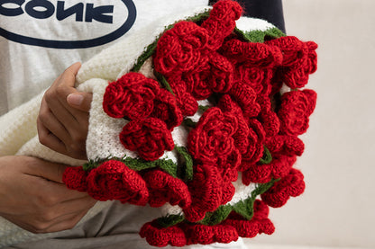 Handmade Knitted Flowers Rose Bouquet Blanket Knitted Throw Blanket -Red Camellia