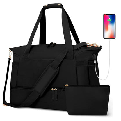 37L Women Fitness Travel Bag Waterproof USB Charging Carry-On Overnight Black