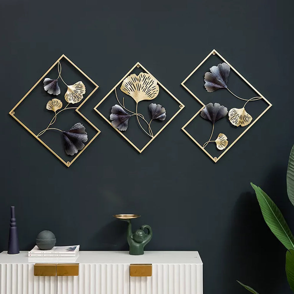 3 Pcs Set Ginkgo Leaf Sculpture Decor Metal Leaf Wall Art Ornaments Wall Hanging Decor Dark Blue