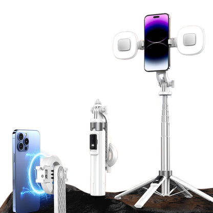 Portable Phone Tripod Stand Retractable Selfie Stick with Remote Control and Fill Light for Photograph Video Recording White
