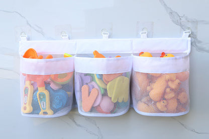 3 Compartment Horizontal Large Openings Bath Toy Organizer Hanging Mesh Shower Organizer