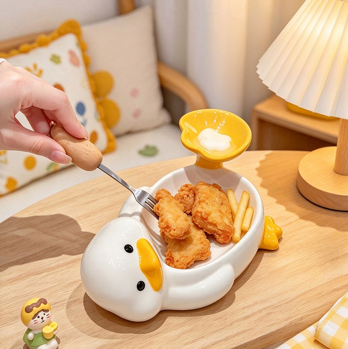 Ceramic Duck Shaped Snack Bowl with Built In Dipping Sauce Compartment