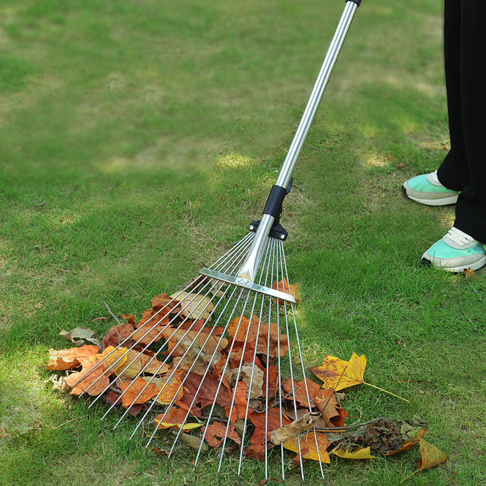 Adjustable Long Handle Metal Leaf Rake for Lawn Garden Yard Soil Loosening