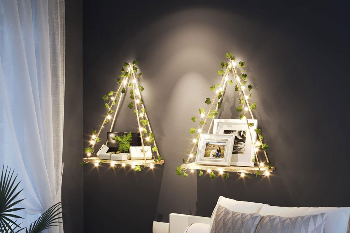 2Pcs Artificial Ivy LED Strip Wall Hanging Shelves Macrame Shelf For Bedroom