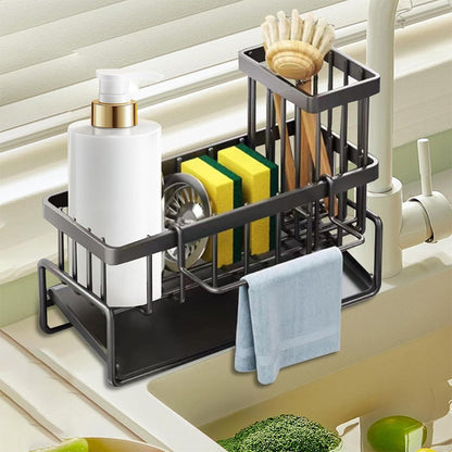 Multifunctional Carbon Steel Sink Caddy Sponge Brush Towel Organizer with Drip Tray
