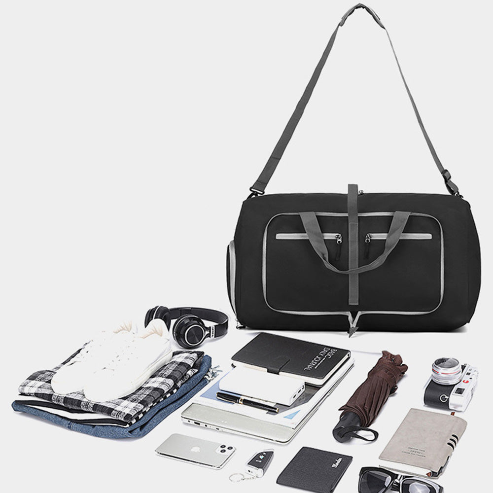 Large Foldable Travel Duffel Bag Carry-On Shoulder Bag with Shoe Compartment Black