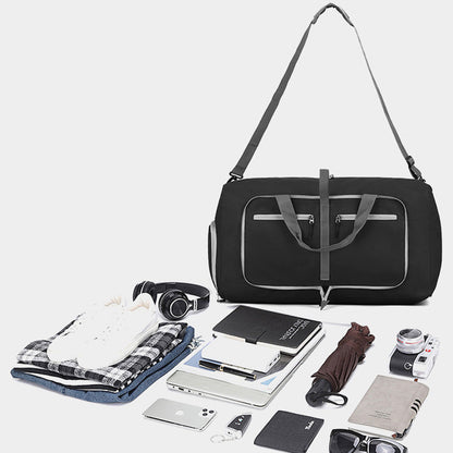 Large Foldable Travel Duffel Bag Carry-On Shoulder Bag with Shoe Compartment Black