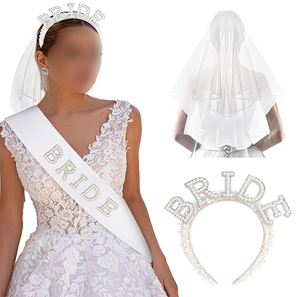 Bride Accessory with Veil Sash and Headband for Bachelorette Party -Iridescent