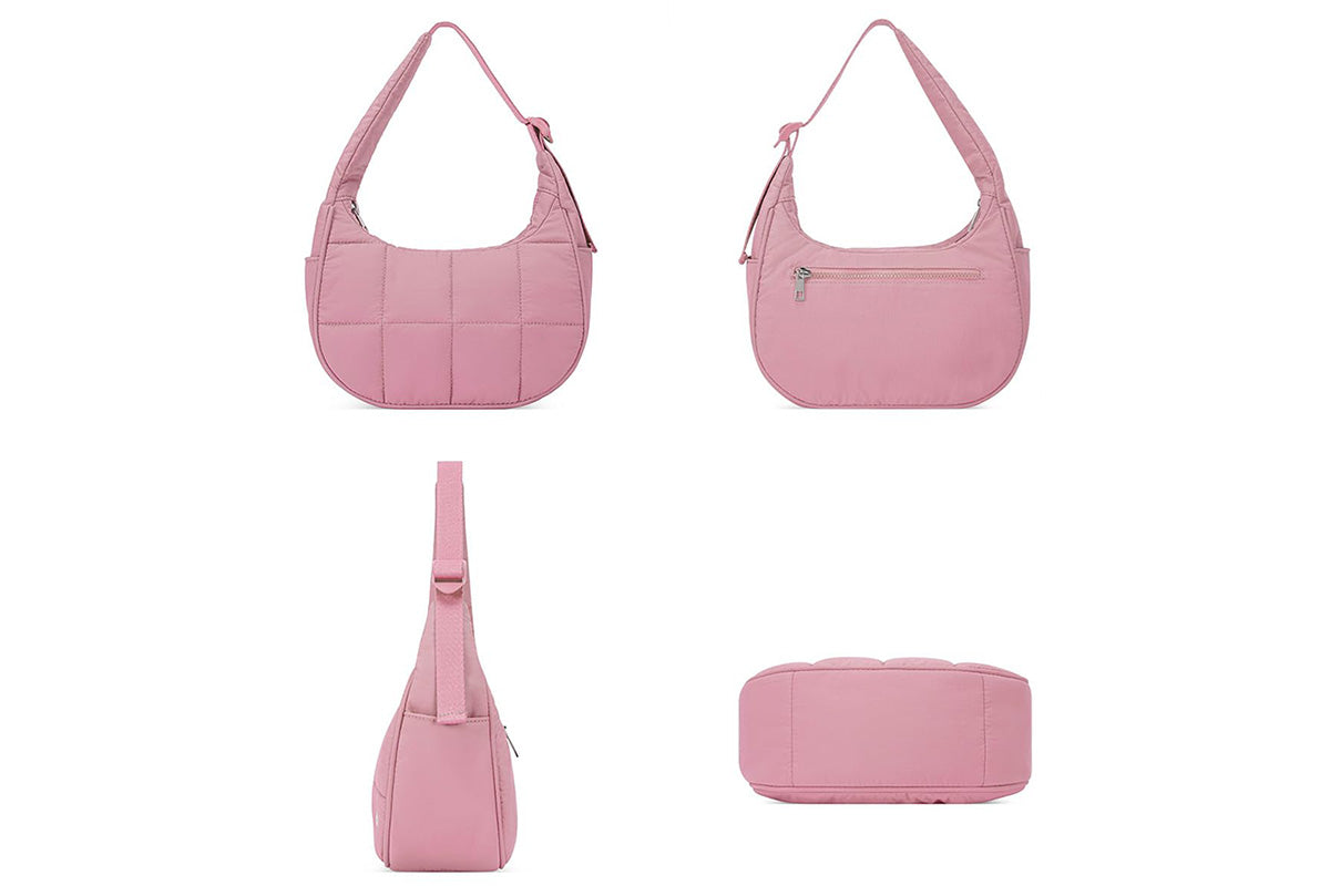 Puffer Crescent Shoulder Bag for Women Quilted Handbag with Adjustable Strap -Pink