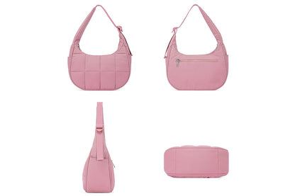 Puffer Crescent Shoulder Bag for Women Quilted Handbag with Adjustable Strap -Pink