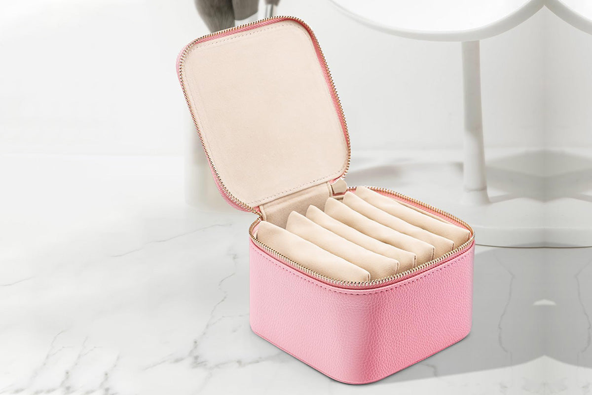 Travel Jewelry Case Small Jewelry Box with 6 Transparent Zipper Pockets-Pink