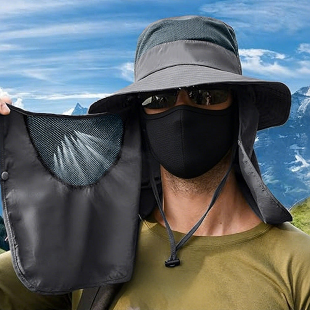 Sun Protection Fishing Cap Wide Brim Hat With Neck Flap And Face Cover-Dark Grey