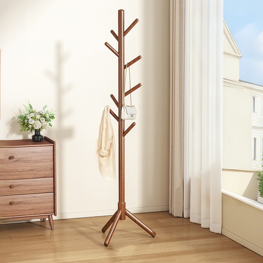 Solid Wood Freestanding Coat Rack with 8 Hooks Tripod Base for Bedroom Entryway-Walnut