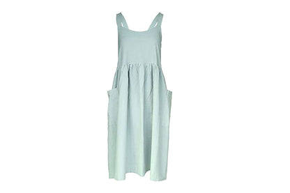 Cotton Linen Aprons Cross Back Apron with Pockets for Women with Pockets Pinafore Dress for Baking Cooking-Green
