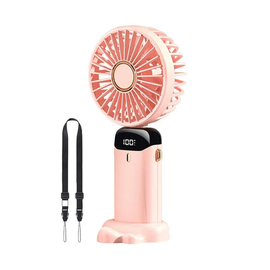 3-in-1 5 Speed USB Handheld Fan Mini Folding Digital Display Fan with Lanyard and Base Pink
