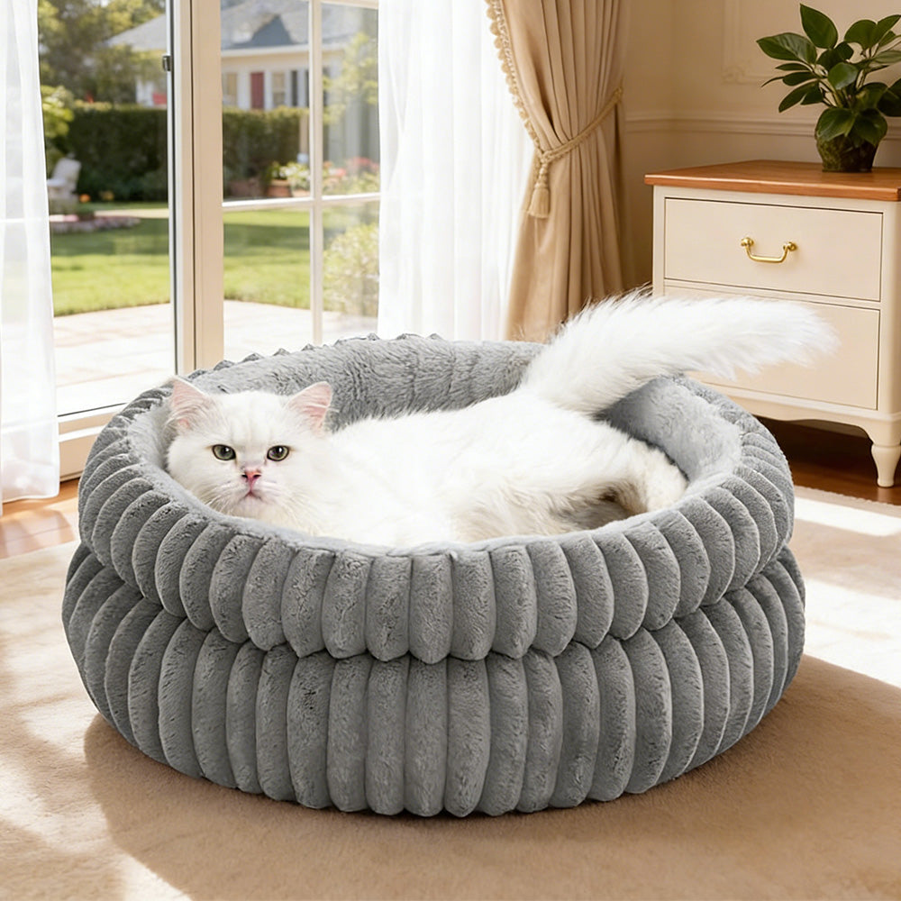 Donut Plush Pet Dog Cat Bed Fluffy Soft Warm Nest for Indoor Cats Small Dogs-Dark Grey