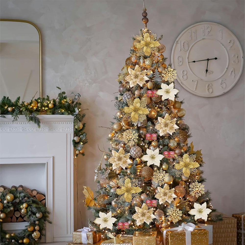 24Pcs Artificial Flowers Christmas Tree Ornaments for Wreath Fireplace Stairs Decor Gold