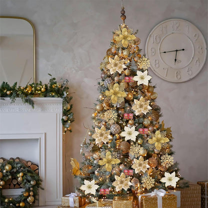 24Pcs Artificial Flowers Christmas Tree Ornaments for Wreath Fireplace Stairs Decor Gold