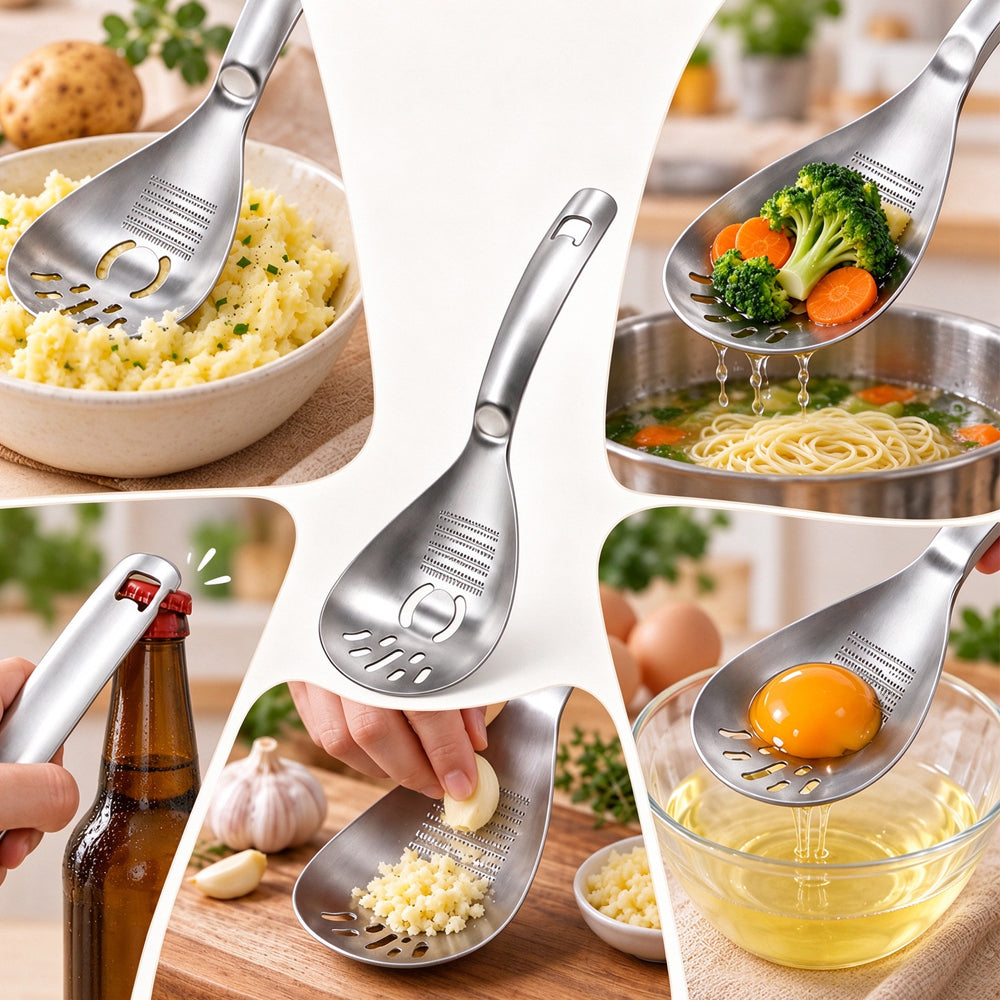2 Pack 5 in 1 Stainless Steel Slotted Spoon Garlic Masher Cooking Grater Spoon