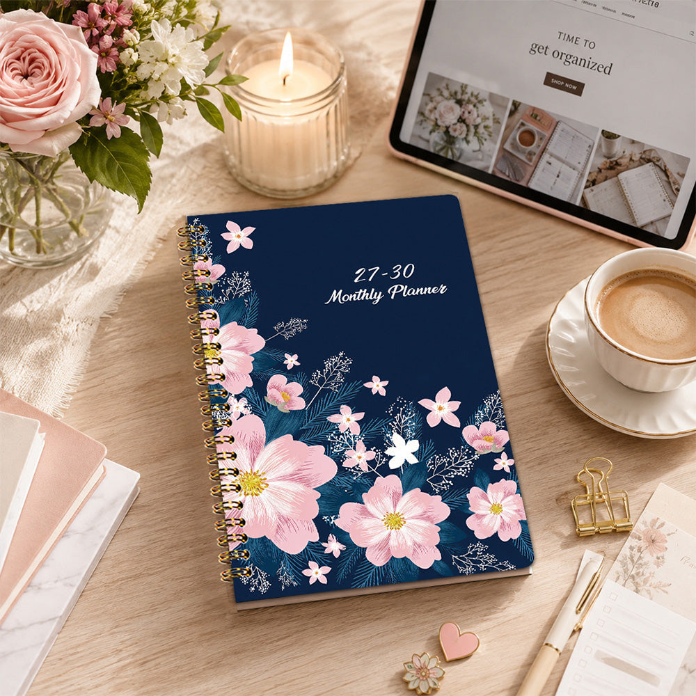 2027 to 2030 Four Year A5 Spiral Monthly Goal Planner Notebook - Blue Floral