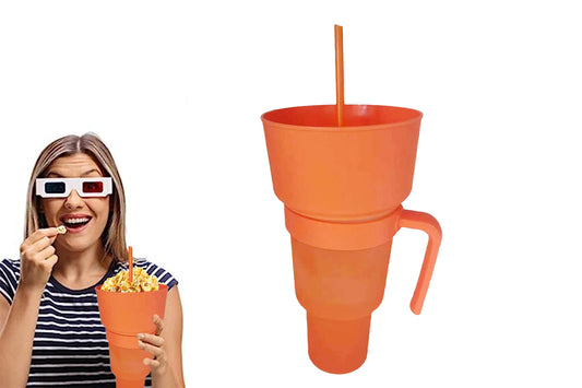 Reusable Tumbler Popcorn Cup Beverage Snack Multifunctional Split Cup With Straw-Orange