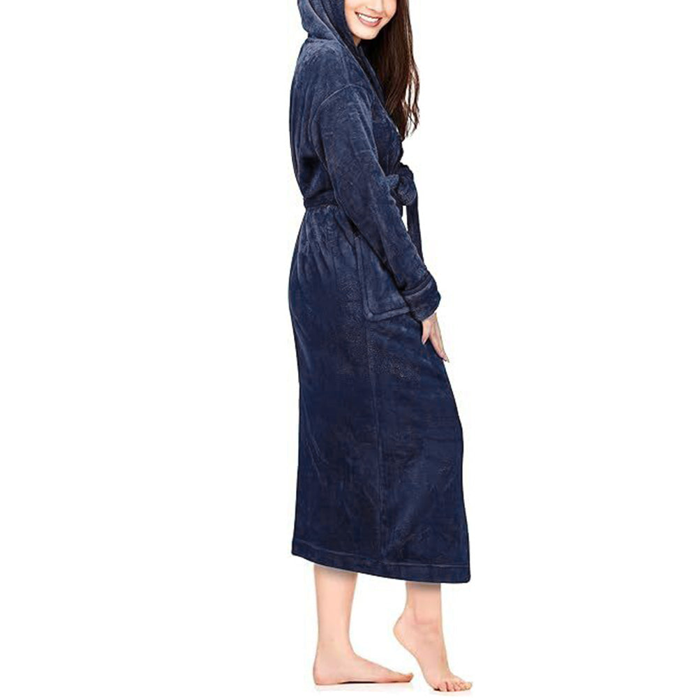 Warm Hooded Bathrobe Long Cozy Spa Hoodie Robes for Ladies  Navy