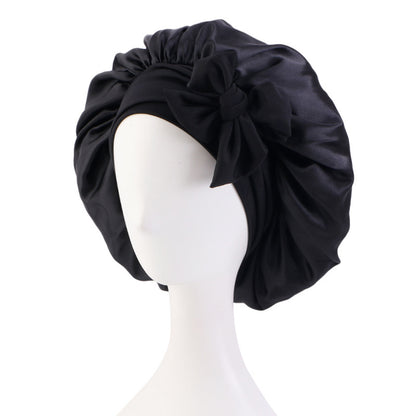 Solid Colour Women Satin Sleeping Cap Wrap Hair Bonnet Elastic Headwear-Black