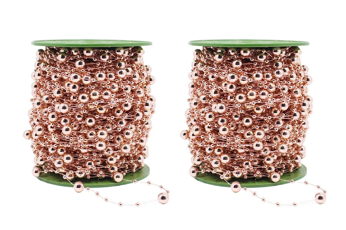 2Pcs DIY Decor Christmas Tree Artificial Pearls Chain Plastic Bead Roll String-Rose Gold