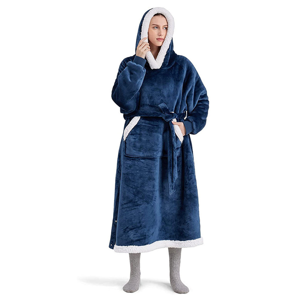 Wearable Hoodie Blanket with Giant Pocket and Waist Belt Long Hooded Blanket Navy