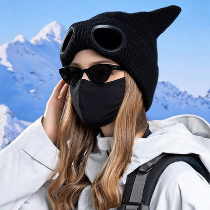 Double Layer Knit Winter Beanie with Goggles - Black