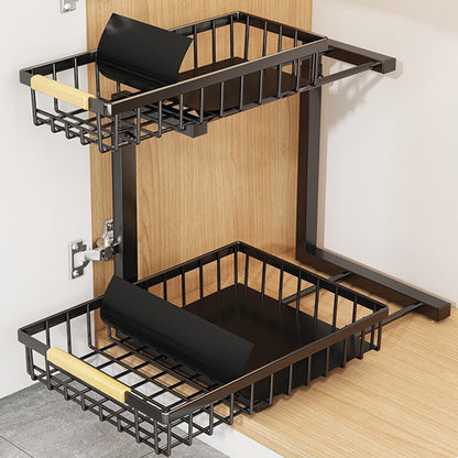Under Sink Organizer 2 Tier Pull Out Cabinet Storage Slide Out Shelf Metal Sliding Drawer-Black