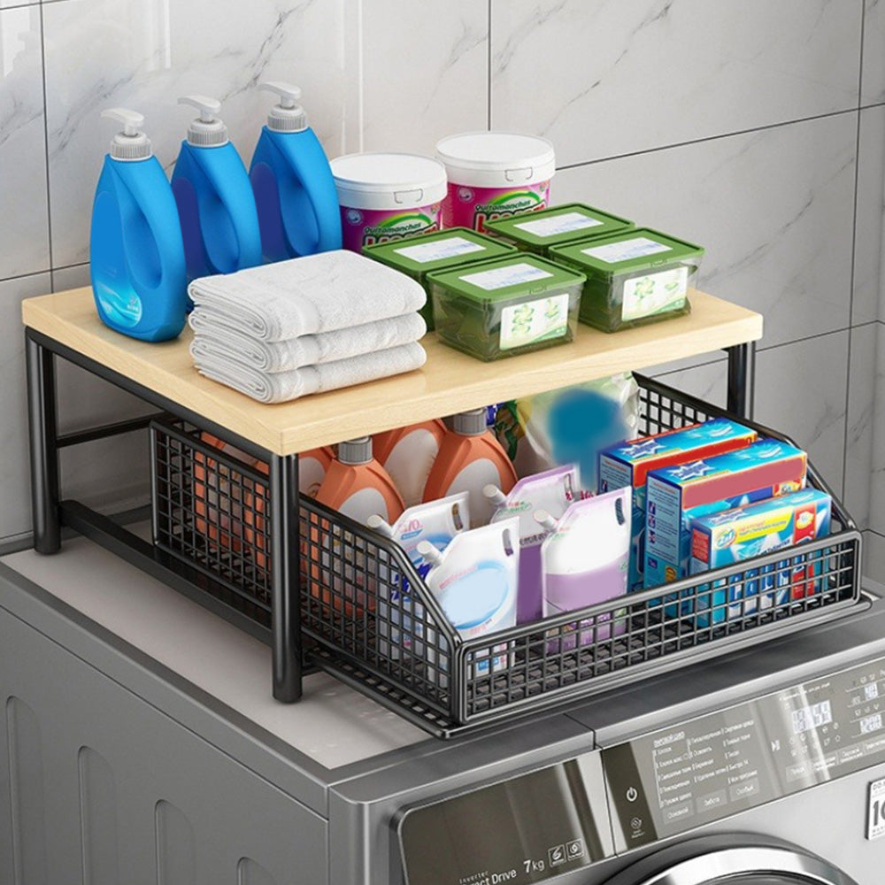 Kitchen Countertop Riser Metal Storage Rack with Pull Out Drawer Organizer Black