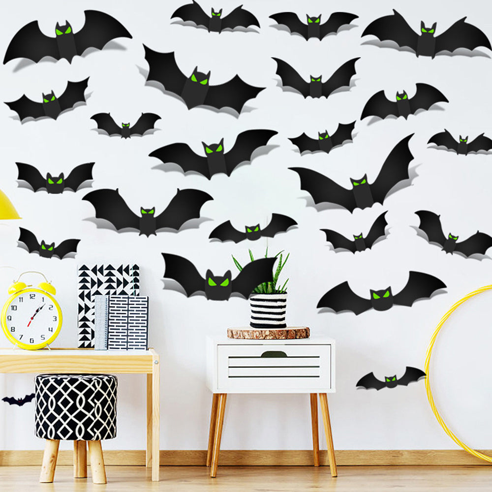 144Pcs 3D Bats with Glow in the Dark Eyes Spooky Party Home Room Wall Halloween Decorations