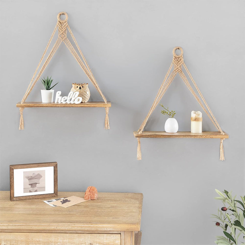 2 Pieces Bohemian Macrame Rope Wall Display Shelf with Tassels