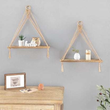 2 Pieces Bohemian Macrame Rope Wall Display Shelf with Tassels