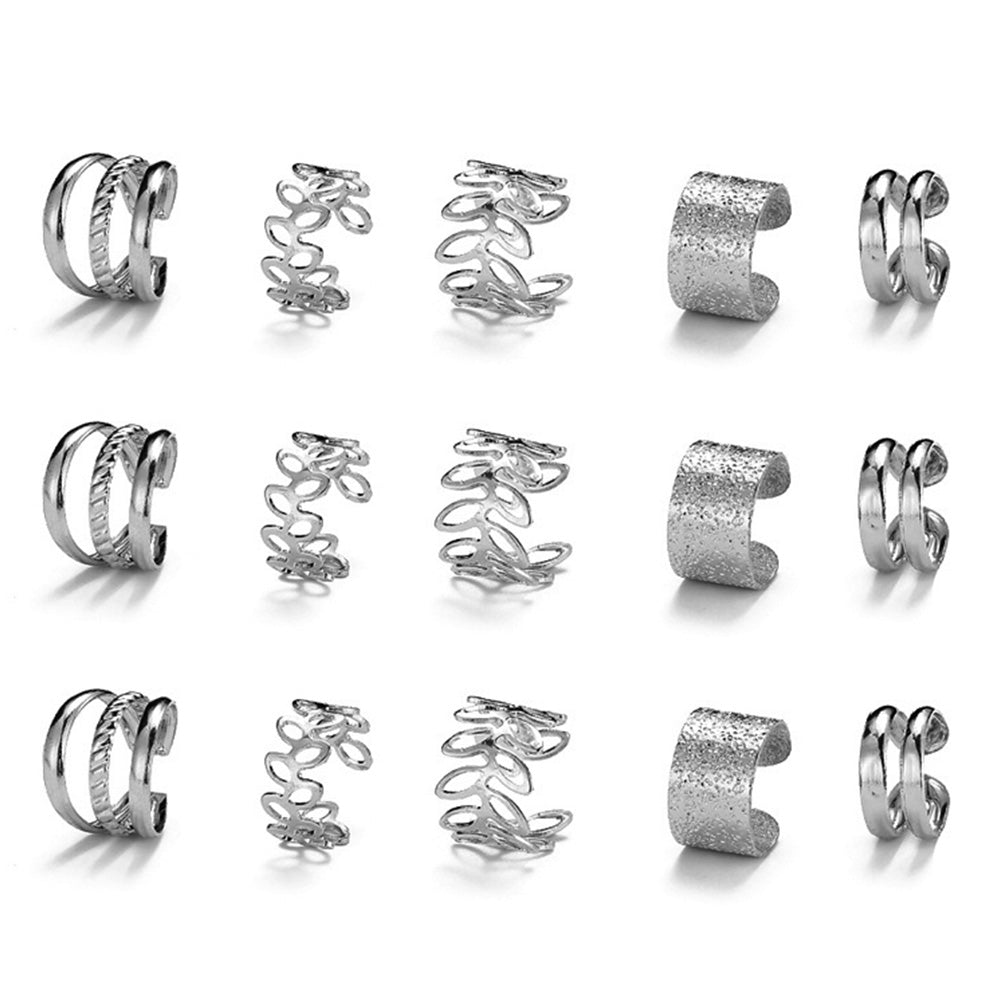 15Pcs Set Unisex Clip On Non-Piercing Earrings Fake Helix Cartilage Conch Ear Decorations Silver