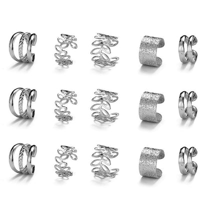 15Pcs Set Unisex Clip On Non-Piercing Earrings Fake Helix Cartilage Conch Ear Decorations Silver