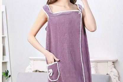 Coral Fleece Bath Towel Wearable Wrap Absorb Bathrobe With Pocket-Purple