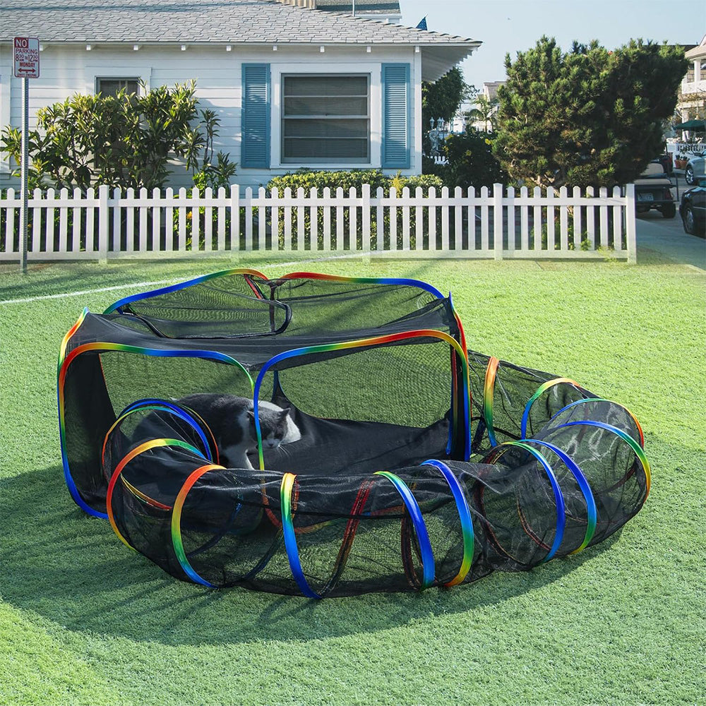 Outdoor Rainbow Cat Playpen ââ‚?Circular Enclosure with Tunnel & Catio