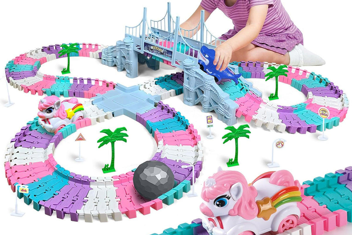 194PCS Race Track Toys Unicorn and Shark Flexible Race Track for Lovely Ages 4-8